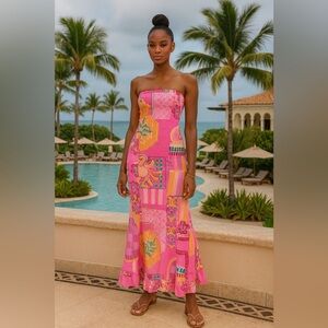 BNWT Midnight Sky Women’s Pink Patterned Tie-Back Bow tube top Dress size L